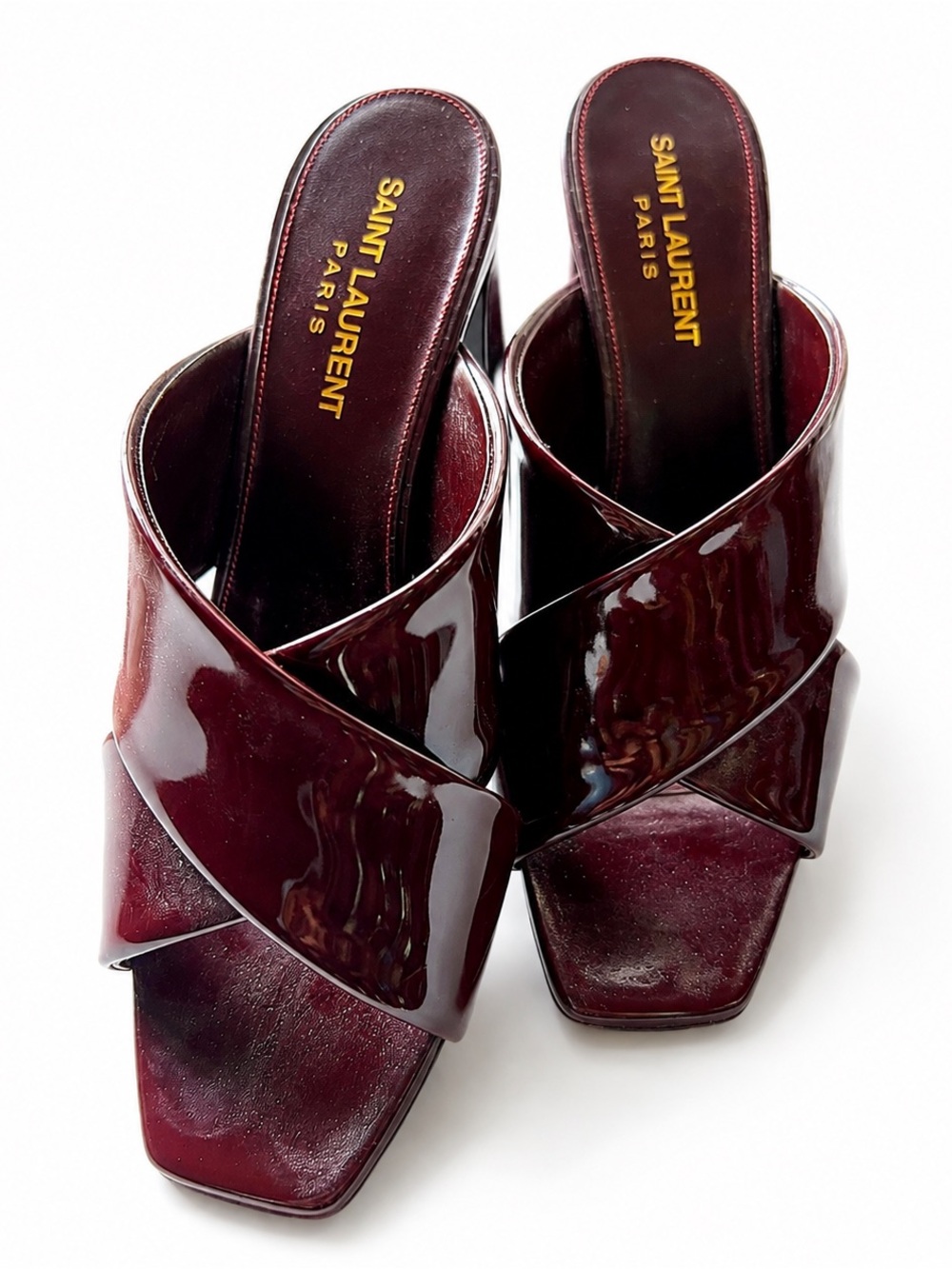 Saint Laurent Loulou 70 Burgundy Patent Leather Criss Cross Mule Sandals
